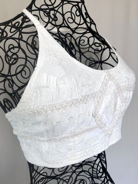 Boho Embroidered Halter Top White Velvet Detail Tie Back Festival Made in India